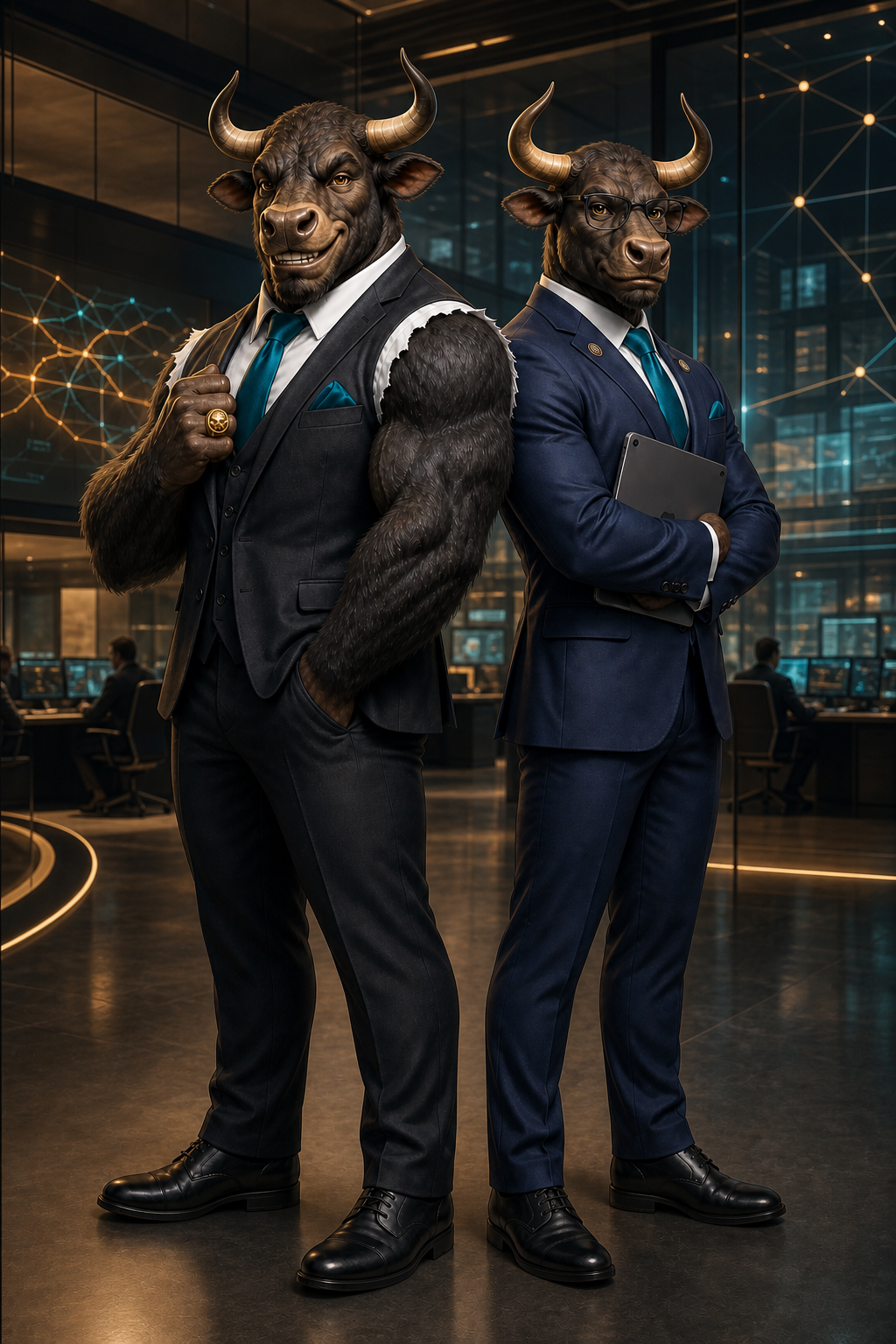 Two suited bull executives standing back to back in a modern operations command center, representing CEO and technology leadership collaboration